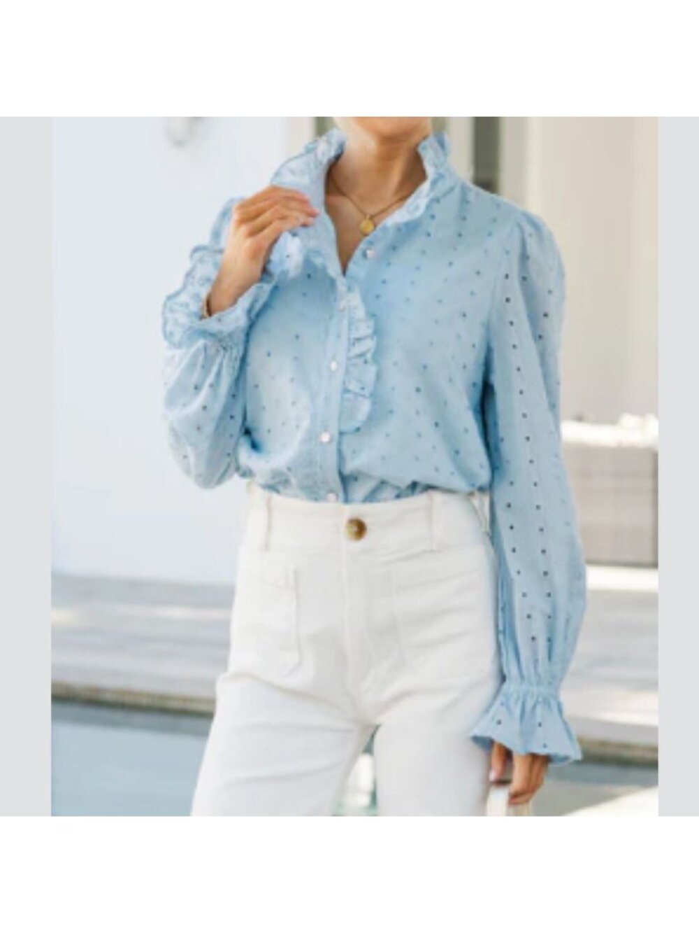 Baby Blue Eyelet Ruffle Button Up Shirt Long Sleeve Top Preppy Cottage Victorian